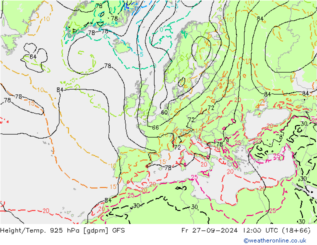 Height/Temp. 925 hPa GFS Fr 27.09.2024 12 UTC