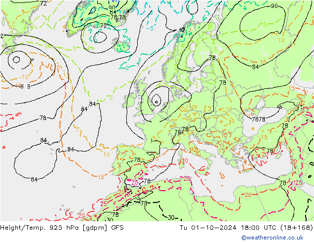 Height/Temp. 925 hPa GFS Di 01.10.2024 18 UTC