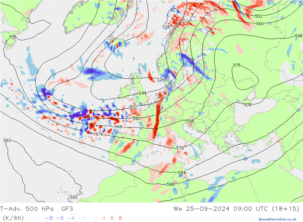 T-Adv. 500 hPa GFS śro. 25.09.2024 09 UTC