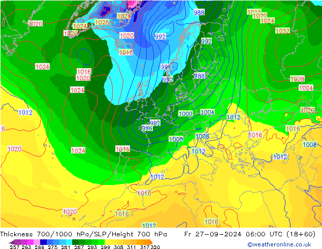 Espesor 700-1000 hPa GFS vie 27.09.2024 06 UTC