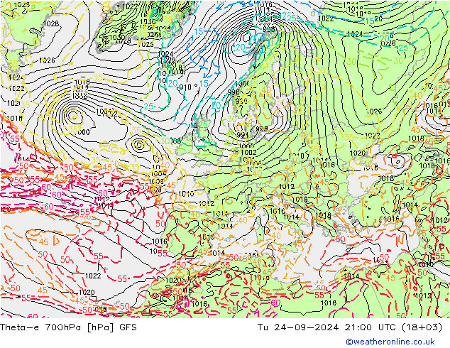 Theta-e 700hPa GFS Út 24.09.2024 21 UTC