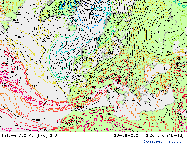 Theta-e 700hPa GFS jue 26.09.2024 18 UTC