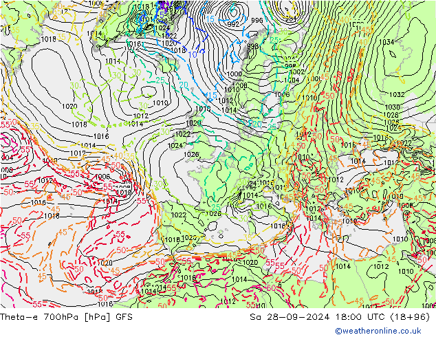 Theta-e 700hPa GFS sam 28.09.2024 18 UTC