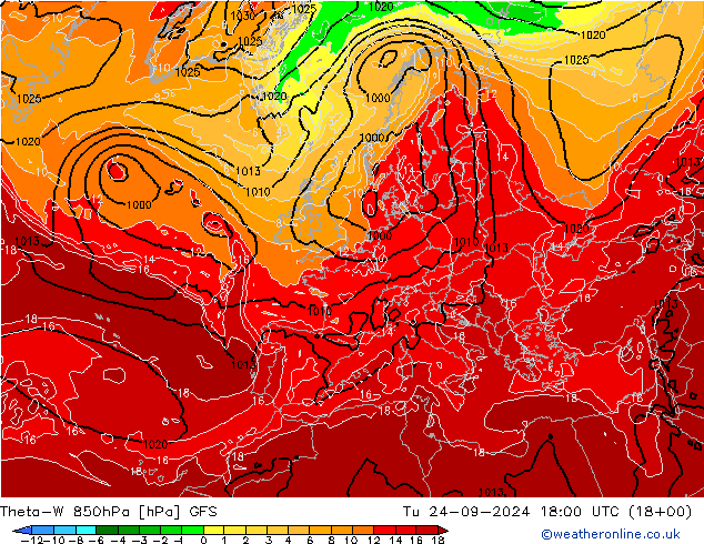 Theta-W 850hPa GFS mar 24.09.2024 18 UTC