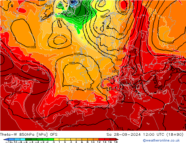 Theta-W 850hPa GFS sáb 28.09.2024 12 UTC