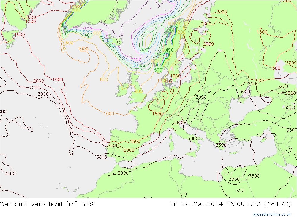 Wet bulb zero level GFS Fr 27.09.2024 18 UTC