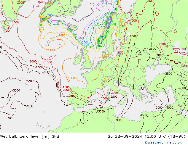 Wet bulb zero level GFS So 28.09.2024 12 UTC