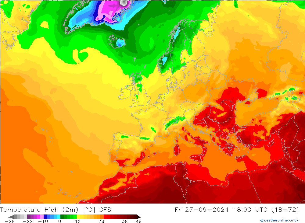 Temperature High (2m) GFS Fr 27.09.2024 18 UTC