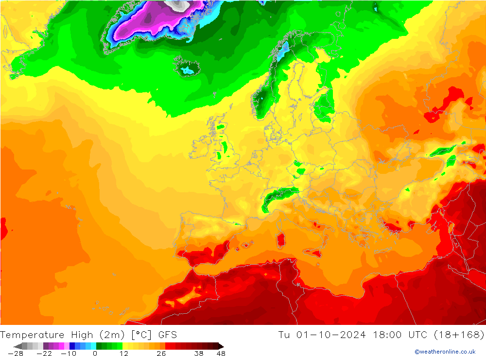 Temperature High (2m) GFS Tu 01.10.2024 18 UTC