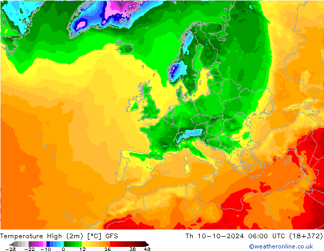 Max.temperatuur (2m) GFS do 10.10.2024 06 UTC