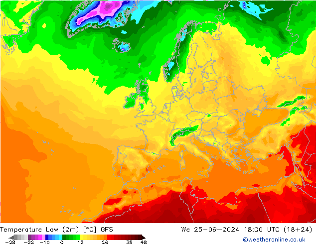 Min.temperatuur (2m) GFS wo 25.09.2024 18 UTC