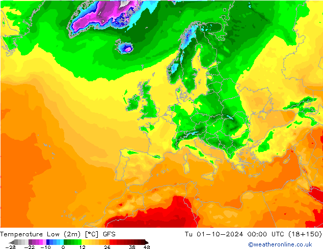 Temperature Low (2m) GFS Tu 01.10.2024 00 UTC