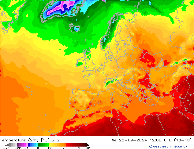 Temperatura (2m) GFS mer 25.09.2024 12 UTC