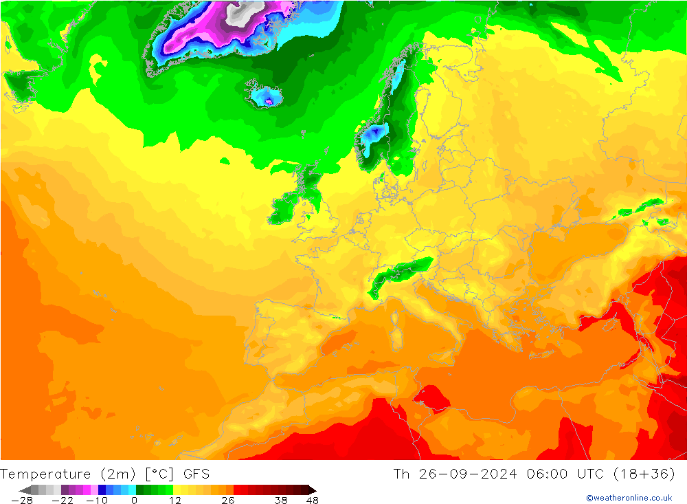 Temperature (2m) GFS Th 26.09.2024 06 UTC