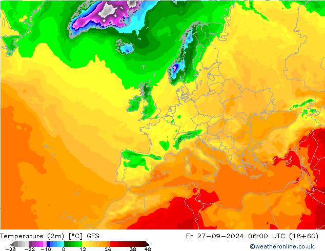 Temperatura (2m) GFS vie 27.09.2024 06 UTC