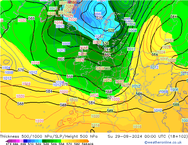 500-1000 hPa Kalınlığı GFS Paz 29.09.2024 00 UTC