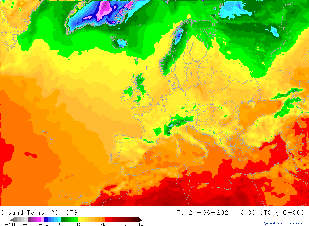 Ground Temp GFS Tu 24.09.2024 18 UTC