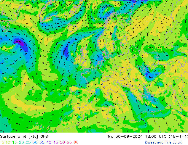 Wind 10 m GFS ma 30.09.2024 18 UTC