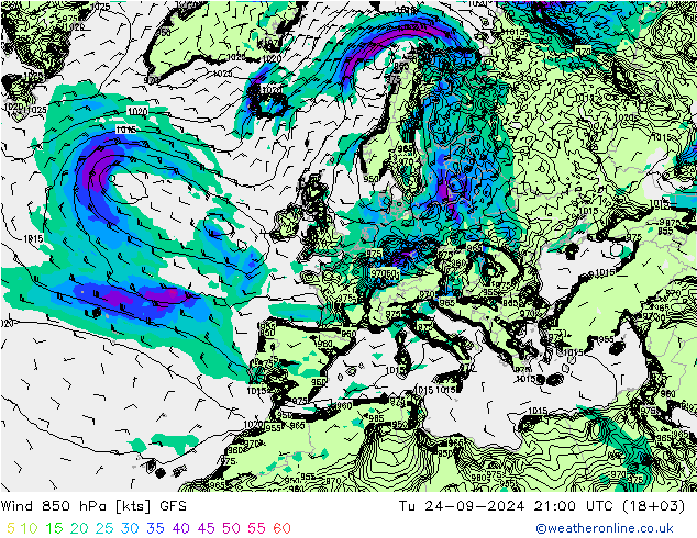 Wind 850 hPa GFS Tu 24.09.2024 21 UTC