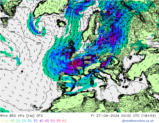 Wind 850 hPa GFS Fr 27.09.2024 00 UTC