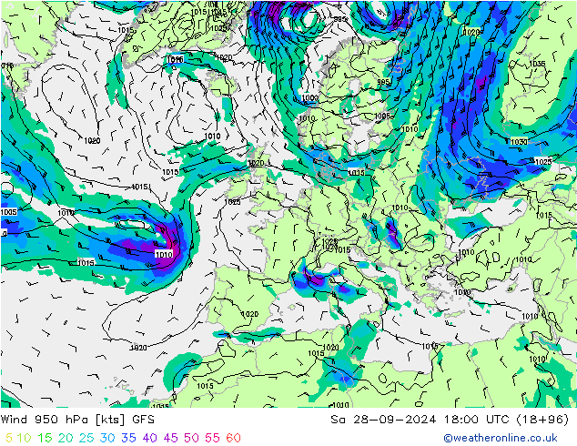 Vento 950 hPa GFS sab 28.09.2024 18 UTC