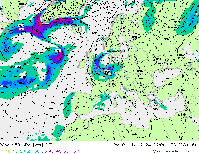 Vent 950 hPa GFS mer 02.10.2024 12 UTC