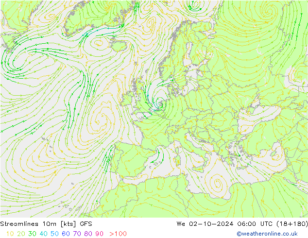 Línea de corriente 10m GFS mié 02.10.2024 06 UTC