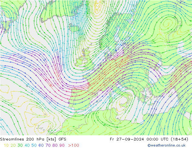 Streamlines 200 hPa GFS Fr 27.09.2024 00 UTC