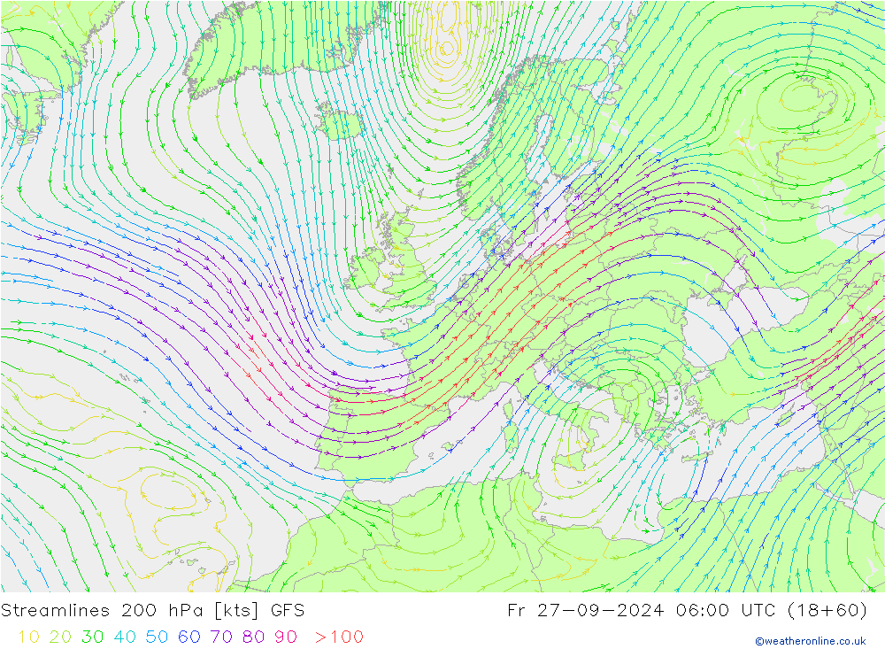 Linea di flusso 200 hPa GFS ven 27.09.2024 06 UTC