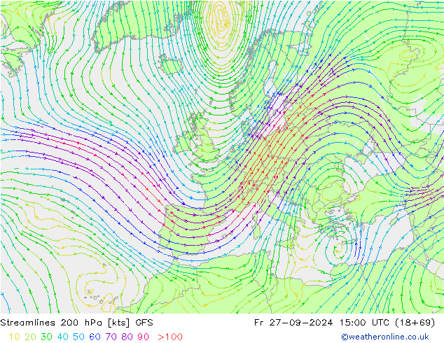 Línea de corriente 200 hPa GFS vie 27.09.2024 15 UTC