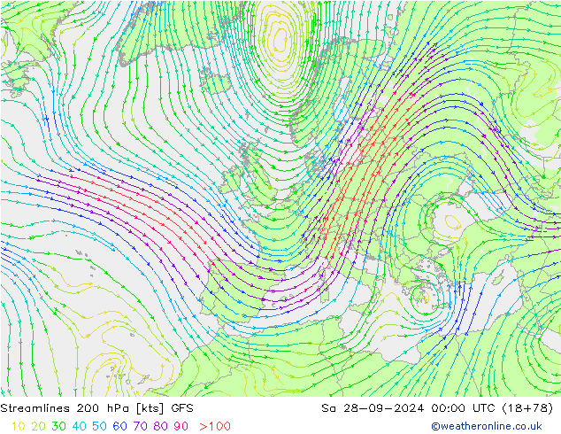 Streamlines 200 hPa GFS Sa 28.09.2024 00 UTC