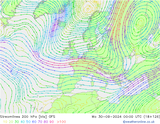 Stromlinien 200 hPa GFS Mo 30.09.2024 00 UTC