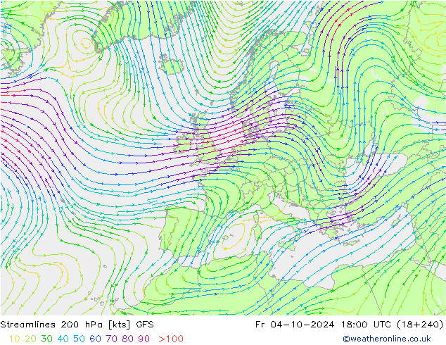 Stroomlijn 200 hPa GFS vr 04.10.2024 18 UTC