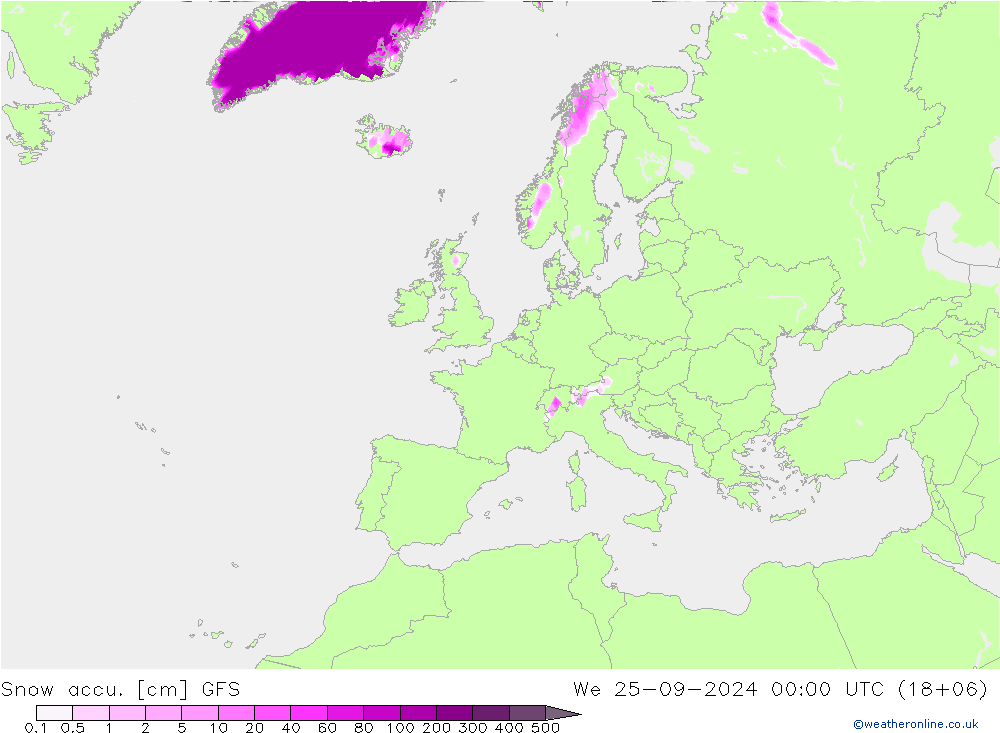 Totale sneeuw GFS wo 25.09.2024 00 UTC