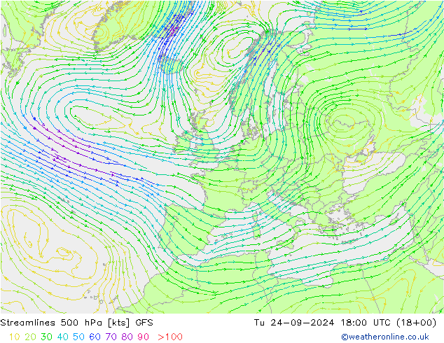 Linha de corrente 500 hPa GFS Ter 24.09.2024 18 UTC