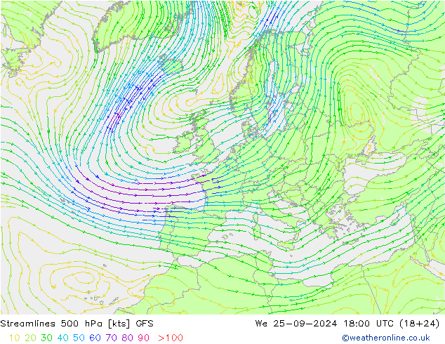 Streamlines 500 hPa GFS We 25.09.2024 18 UTC