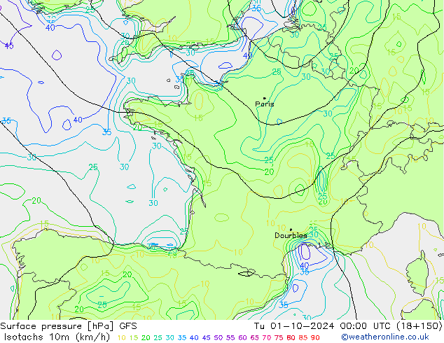 Isotachs (kph) GFS Tu 01.10.2024 00 UTC