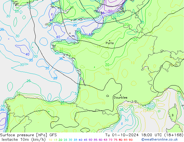 Isotachs (kph) GFS Tu 01.10.2024 18 UTC