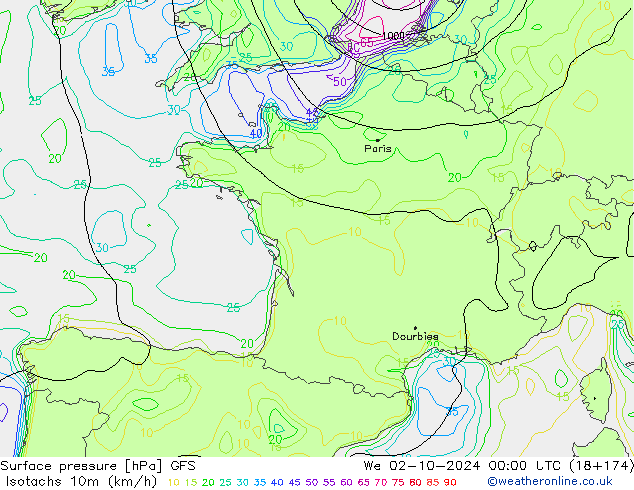 Isotachs (kph) GFS Qua 02.10.2024 00 UTC