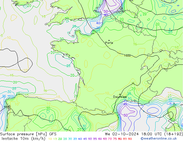 Isotachs (kph) GFS Qua 02.10.2024 18 UTC