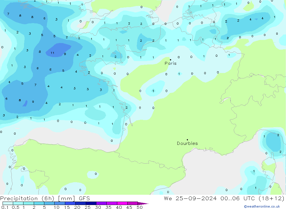 Precipitation (6h) GFS We 25.09.2024 06 UTC