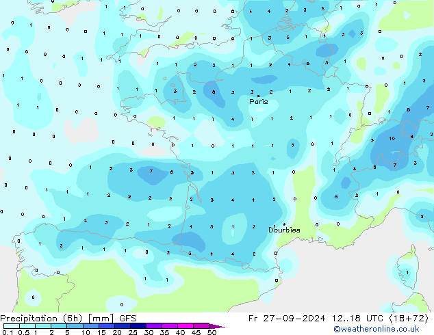 Precipitation (6h) GFS Pá 27.09.2024 18 UTC