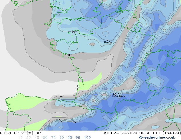 RH 700 hPa GFS mer 02.10.2024 00 UTC