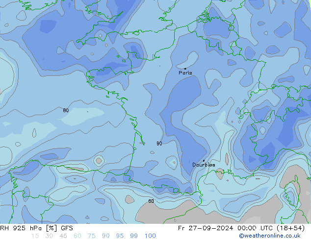 RH 925 hPa GFS Fr 27.09.2024 00 UTC