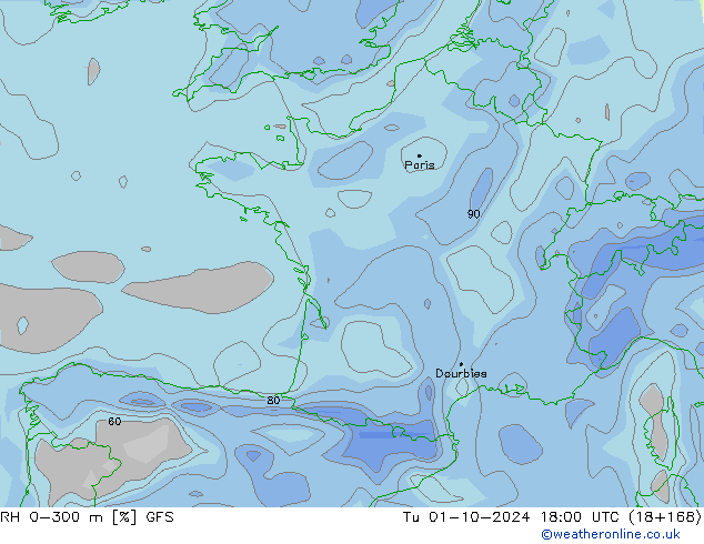 RH 0-300 m GFS Tu 01.10.2024 18 UTC