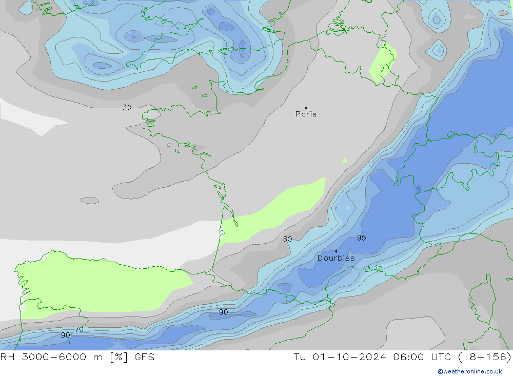 RH 3000-6000 m GFS Tu 01.10.2024 06 UTC