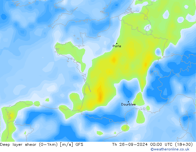 Deep layer shear (0-1km) GFS Qui 26.09.2024 00 UTC