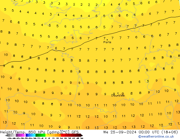 Height/Temp. 850 hPa GFS We 25.09.2024 00 UTC