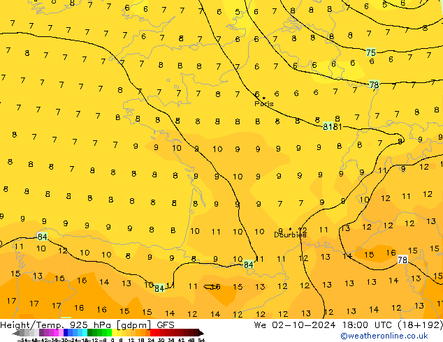 Géop./Temp. 925 hPa GFS mer 02.10.2024 18 UTC