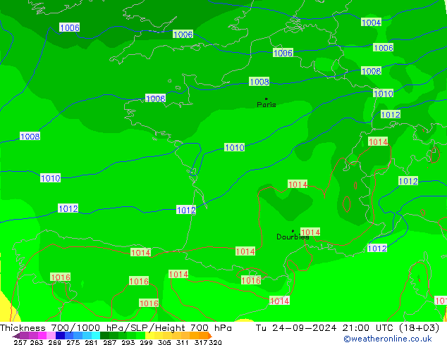 Dikte700-1000 hPa GFS september 2024